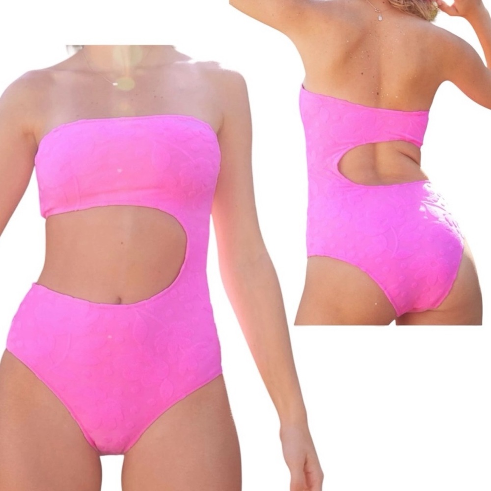 Aerie One Piece Size XL Terry Cut Out Strapless Neon Pink Swimsuit NWT